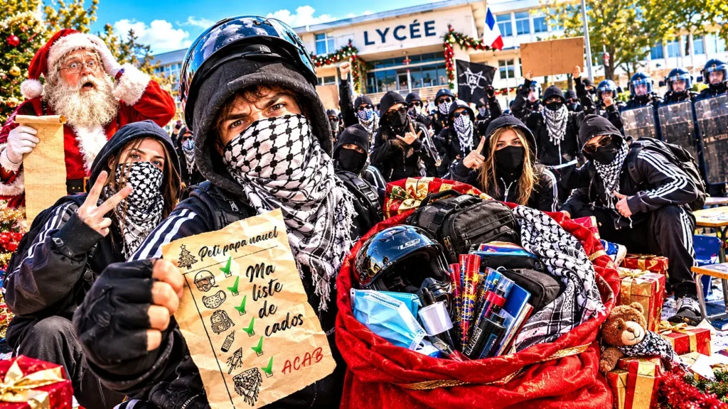 Satire de Noël : lycéens cagoulés posant devant leur lycée avec un sac de cadeaux, des CRS en arrière-plan