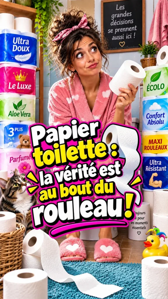 Femme au toilettes avec des rouleaux de papier toilette